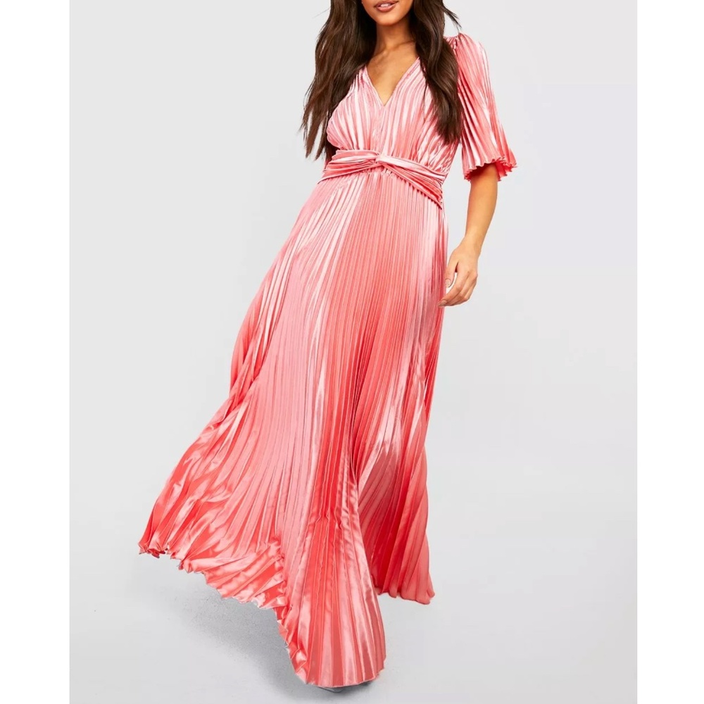 Satin Pleated Angel Sleeve Maxi Dress – 10